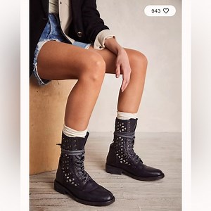 Black Genuine Leather  Flower Power Lace-Up Boots