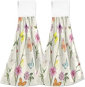 Vintage Flowers Butterfly Kitchen Hand Towel Floral Ladybugs Absorbent Hanging Tie Towels with Loop for Bathroom Set of 2