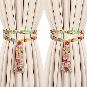 2 Pack Magnetic Curtain Tiebacks Colorful Beaded Tassel Curtain Drapery Hold Backs for Drapes & Shee Home Decor Boho Curtain Tie Backs Holders Colorful Agate Curtain Ties for Home Office Window Decor