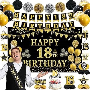 Trgowaul 18th Birthday Decorations for Boys, 22pcs Black Gold 18th Party Supplies, Banner, Hanging Swirl Flag, 18th Sash&Pompoms, 18 Balloons, 18 Year Old Birthday Set