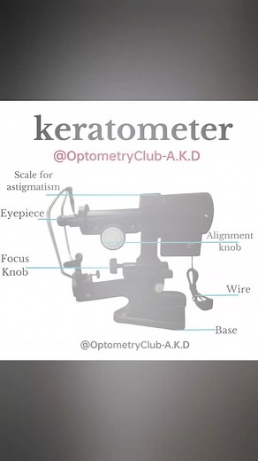 🔹 What is Keratometer? A Keratometer (also called Ophthalmometer) is an instrument used to measure the curvature of the anterior surface of the cornea, particularly the central 3 mm zone. It helps in detecting astigmatism and calculating corneal power (diopters). ------- 🔹 Procedure of Keratometry 1. Patient Positioning Patient sits comfortably, chin on chin-rest, forehead on head-rest. 2. Fixation Patient is asked to look at the fixation target (inside the instrument). 3. Focusing The examine