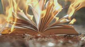 a aberto livro é em fogo. grande brilhante chama, queimando papel em velho publicação dentro lento movimento. livro queimando - censura conceito