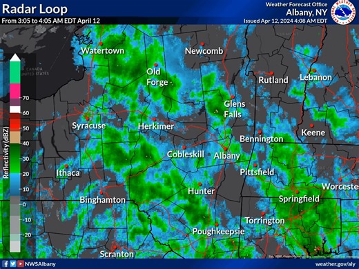 Current radar imagery shows periods of rain, some locally moderate to heavy, tracking through the region early this morning. After a brief lull in the rain later in the morning, additional periods of rain/showers are expected this afternoon. A couple rumbles of thunder can't be ruled out either. | US National Weather Service Albany NY
