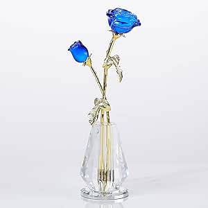 Qianwei Blue Rose Flower Crystal Figurine with Vase Handmade-Flowers Gifts for Wife Girlfriend Women Decor-Crystal Flower Collectible Home Office Decor for Wedding Anniversary