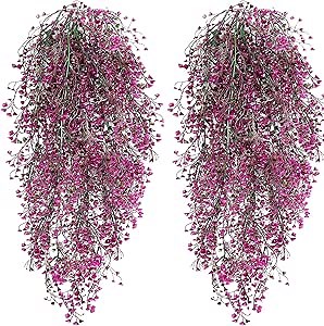 Fuchsia Artificial Hanging Plants, 4 Pcs Fuchsia Fake Fern Hanging Plants, Fake Vines, Faux Hanging Greenery, Faux Hanging Stems for Patio Porch, Fake Ferns Hanging Plants for Outdoor Garden Decor