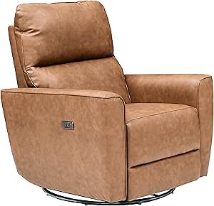 Power Recliner Chair Swivel Glider Upholstered Faux Leather Nursery Rocker Reclining Sofa Chair with Charging Port, Curved Armrests & Padded Backrest for Living Room and Bedroom (Brown)