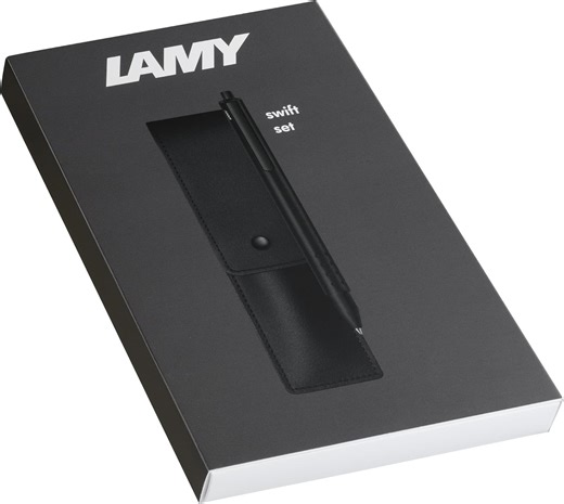 Amazon.com: Lamy Swift - Juego de regalo de bolígrafo negro mate con escritura fluida, cuerpo de metal y ancho de línea B, incluye M 66 rollerball en estuche azul y cuero : Productos de Oficina