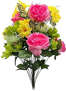 Admired By Nature ABN1B019-YW-MAG-BT Artificial Spring Flower Bush 24 Stem Open Rose/Cosmos Daisy Mix Bush, Yellow Magenta Beauty