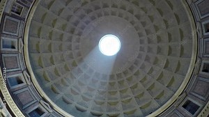 Rome Italy Pantheon dome footage panning around the oculus showing the sky and the dome roof this concrete coffered dome is poured into moulds the building is a popular tourist attraction in Rome 4k