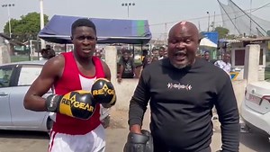 Former professional boxer Bukom Banku training his son Abu Kamoko who is a member of Ghana's national amateur boxing team, The Black Bombers. | Daily Graphic