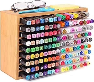 Marker Holder Organizer, Bamboo Marker Storage Organizer Holds 144 Markers, Solid Wood Marker Organizer Case with 18 Compartments for Home Classroom Office Desk Decor