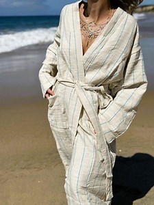 Blue Striped Turkish Cotton & Linen Robe: Natural Bath and Beach Cover-up - Etsy