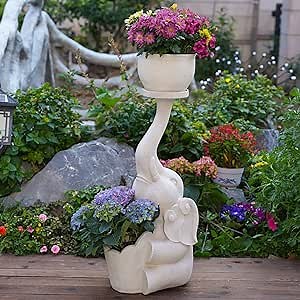 Elephant Outdoor Planter Decor - Sitting Elephant with 2 Planter Pots Garden Patio Decoration Sculptures Lawn Ornament Indoor Statue for Outspace 3ft, Ivory