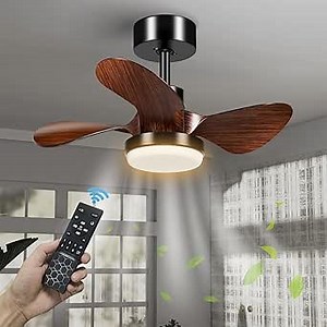 24'' Small Room Ceiling Fan with Light, 3-Blade Modern Low Profile Dimmable Ceiling Fan with Light and Remote, Reversible DC Fan Light Indoor Outdoor for Kitchen, Bedroom and Dining Room, Walnut-Color