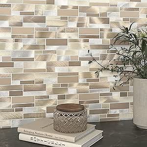 MOFIT Metallic Backsplash Tile for Kitchen Peel and Stick Subway,Metal Backsplash for Stove Fireplace Heat Resistant Brick Self-Adhesive Wall Tiles(10sheets,Brown