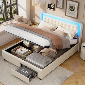 Lit coffre 160x200 cm - avec éclairage LED - deux tiroirs en bout de lit - velours - rangement hydraulique - sommier à lattes - adapté aux adultes et adolescents - Beige