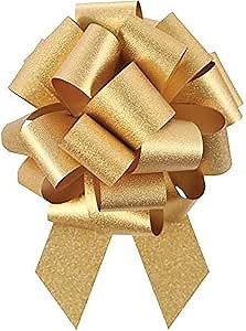 Berwick Offray 1.5'' Wide Ribbon Pull Bow, 5.5'' Diameter with 20 Loops, Gold Glitter