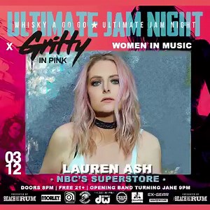 Tuesday 3.12.24 Doors 8pm Opening Band at 9pm Turning Jane Hosted by Hal Sparks (VH1 Talk Soup, Nerd Halen) Presented by Sammy's Beach Bar Rum FREE 21 With Special Guests: •LAUREN ASH (NBC'S SUPERSTORE) •KAT DYSON (PRINCE/ CYNDI LAUPER) •JENNIFER JO OBERLE (VERTICLE HORIZON) • JILL MARIE BURKE (LIVE FROM EARTH: A TRIBUTE TO PAT BENATOR) •MASHA McSORLEY (RAG DOLLS/ PRISS) •TOSHA JONES (SALIVA) •YOYOKA (14-YEAR-OLD PHENOM) •CARMEN VANDENBERG (JEFF BECK/ BONES UK) •ADI ARGELAZI (YYNOT/ UNZEPPED/ WH