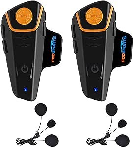 FODSPORTS BT-S2 Motorcycle Bluetooth intercom Off-Road Motorbike Intercom Helmet Bluetooth Headset 1000M Bluetooth Motorcycle Communication System, Hands-Free, FM, MP3 (2 Pack Soft mic)