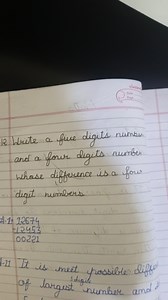 Write a five-digit number and a four-digit number whose differe... | Filo