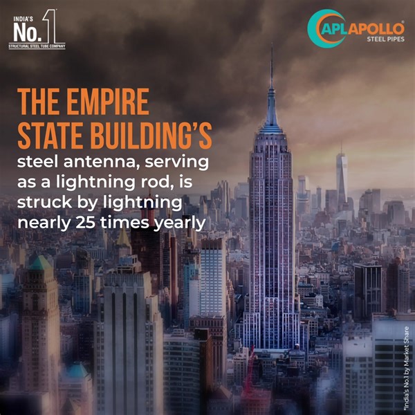 The Empire State Building, primarily constructed of structural steel, uses its steel antenna as a lightning rod. This dual-purpose antenna attracts lightning strikes, guiding the electrical charge safely to the ground, thus safeguarding the building and its occupants #SteelTheShow #APLApollo #EmpireStateBuilding | APL Apollo Tubes Limited