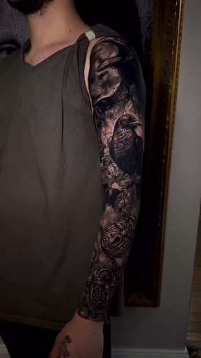 My client came to me with an idea — and this is the sleeve we brought to life. Always love when I get creative freedom to push the art and make something unique. Done in black and grey realism with some opaque background work. DM to start your next tattoo project! #tattoo #tattooartist #realismtattoo #blackandgreytattoo #goldcoasttattoo #goldcoasttattooartist #crowtattoo #tattoos #tattooidea #realistictattoo #sleevework | Corbin Parker