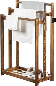 [Hot Item] Freestanding Burnt Pine Wooden Towel Rack Storage Shelf for Bathroom