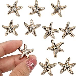 10PCS Tiny Starfish Shaped Shell Buttons, 0.79" x 0.79", Glittering Antiqued Alloy Ocean Seashells Decorative Metal Shank Accessories for DIY Handmade Sewing Jewelry (Yellow Color)
