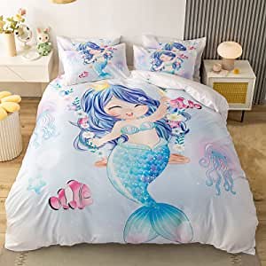 Mermaid Duvet Cover, 100% Microfiber 3Pcs Queen 3D Mermaid Bedding Set for Boys Girls, Cartoon Mermaid Ocean Princess Fish Pattern Print Duvet Cover, 1 Duvet Cover 2 Pillowcases (Queen, Mermaid)