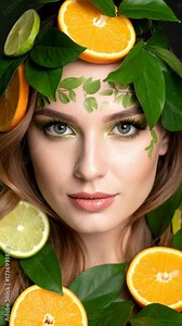 Portrait of a beautiful woman with a citrus fruit and leaf crown, expressive makeup and green eyes looking at the viewer.