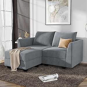 HONBAY Modern L Shaped Sectional Sofa for Small Space Fabric Modular Sofa with Chaise Loveseat Sofa with Ottoman and Storage Seat, Bluish Grey