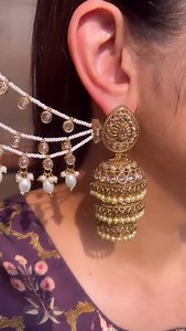 Obsessed with ear chains! Comment ✨LINK ✨ and we’ll send you a link to buy for The Sehar earrings and ear chains! A triple layered jhumka with a layered ear chain is a statement accessory and all you need to dress up at that upcoming wedding ✨ | India Trend