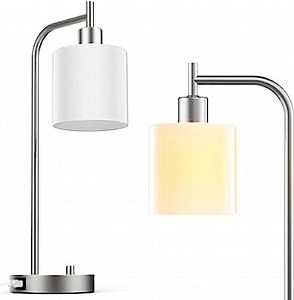 PAZZO Table Lamp, Industrial Table Lamp with Jade White Glass Shade, LED Bulb Included, with Dimmable Function, Type C USB Port,Nightstand Reading Lamps for Bedside, Study Room, Bedroom,Nickel