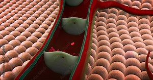 cholesterol in a blood, artery shown with a cut out section, Contraction of blood vessels, a blood clot in the vessels, fat cell in the blood, inside the blood vessel