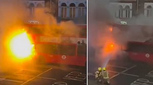 Electric double-decker bus bursts into flames after huge 'bang'