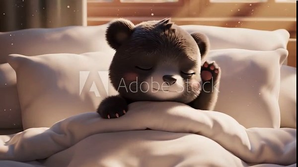 Cute cartoon bear sleeping in bed. Adorable animated character resting with closed eyes. Cozy morning scene. Stock Video