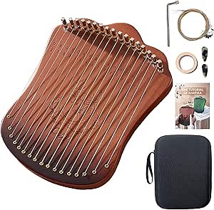 17 Metal Strings Wood Thumb Piano, Fingerpicking String Instrument, Mini Lyre Harp, Harpika with Tuning Wrench, Spare String Set (Box Coffee)