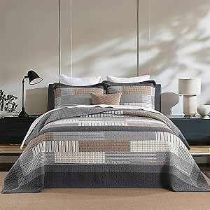 100% Cotton Oversized Queen Bedspread 102x120 - Soft Lightweight Extra Large Queen Quilt with 2 Pillowshams, Farmhouse Reversible Striped Quilted Bedding Set Coverlet 3Pcs, White/Gray/Brown