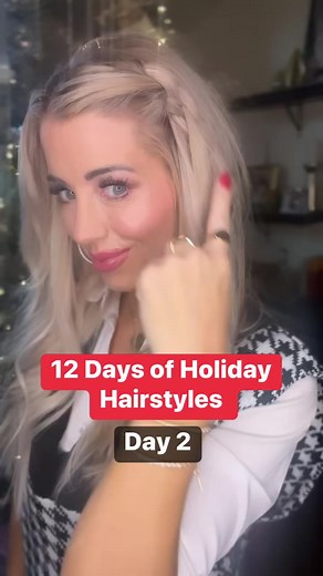 12 days of Easy achievable holiday styles!! Cascade Braid step by step : grab a section of the hair in front and do a three strand braid.. step 2 pancake bread out and make it loose and fatter. Step 3:Use your front two fingers through one of the holes of the braid grab a section of hair with your other hand and pull through the hole . Step 4: pin the bottom of your braid with a bobby pin back into the hair! Enjoy your braid ! #easyhairstyles #feelingbeautiful #Holidayhair #partylook #longhairst