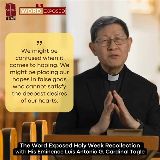 2.6K views · 86 reactions | "False gods will promise you false things. And if you respond to those false promises, you end up in false terrains, false places, that we call despair." - Luis Antonio G. Cardinal Tagle #TheWordExposed #HolyWeekRecollection #FreedomtoHope | Jesuit Communications | Facebook