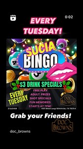 🎄🥃🔥EVERY TUESDAY!!!🔥🥃🎄 🩷SUCIA BINGO🩷 Grab Your Friends For this FUN NIGHT! FREE PLAY ADULT PRIZES SHOT & DRINK SPECIALS STARTS AT 7PM #bar #holiday #novelty #adultprizes #Tuesday #giveaways #contest #bingo #SUCIA #fullmenu #satxbars #sa #drinkspecials #happyhour #menu #sanightlife | Doc Browns