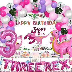 Three Rex Birthday Party Decorations Girl, Girl Dinosaur Party Supplies with Banner Tablecloth Balloons and Backdrops for 3rd Birthday Decorations for Girls