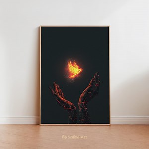 Art oiseau de feu, ascension du phénix, impression surréaliste du feu, oeuvre d'art conceptuelle, art mural fantastique, impression esthétique sombre, collage de mains surréalisme moderne - Etsy France