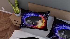 Erosebridal Ice Hockey Bedding Set Queen, Flame Puck Comforter Set for Kids Boys Teens Adult Bedroom, Sports Games Bedding Comforter Sets Ice Hockey Gifts for Teenage Boys, Fire Water Lightning Quilt