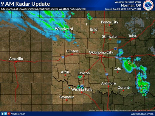 9:00 AM Radar Update: A few areas of showers/storms continue across portions of northwest and central Oklahoma at this hour. Severe weather is not expected with this activity. | US National Weather Service Norman Oklahoma