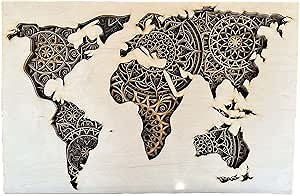 World Map Home Wall Decor – Multilayered Laser Cut Carved Elegant Wooden Mandala Hanging MDF Panels - Rustic Contemporary Artwork (13.7x20.8in(35x53cm), Natural)