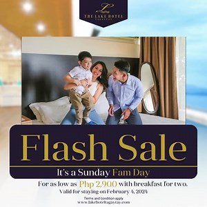 Sundays are for family fun! Gather your loved ones & escape to Tagaytay for an incredible rate starting at Php 2,900, complete with a delightful buffet breakfast for two. Don't miss out! Unlock the special offer by using discount code "SUNDAY50" when you book at www.lakehoteltagaytay.com Booking period: February 2-3, 2024 Staying date: February 4, 2024 Terms and conditions apply. For inquiries, call us at (02) 8584-4470, 0917-593-9431, or emailing reservations@lakehoteltagaytay.com. #wakeupwitha