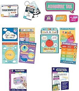 Calming Corner Items - Calm Down Corner Kit with Special Education Posters, Feelings Chart, Wooden Emotional Puzzle - Essential Calming Corner Supplies for Emotional Learning