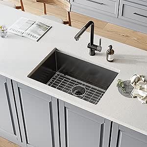 TORVA 25 x 18 Inch Gloss Black Ceramic Coating with NanoTek Undermount Kitchen Sink, PVD Coated Gunmetal Sink,16 Gauge Stainless Steel Wet Bar or Prep Sinks Single Bowl, Dark Gray