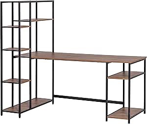 HOMCOM 67 Inch Home Office Computer Desk with Display Bookshelf, Industrial Writing Table with CPU Stand and Steel Frame, Black/Walnut